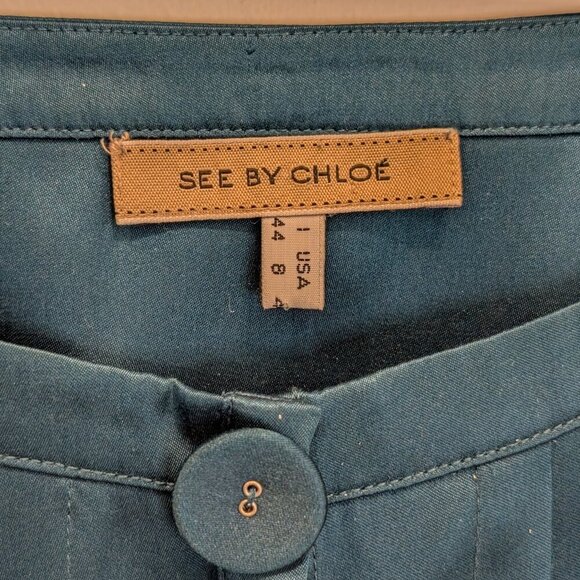 See by Chloe Silk Midi Dress Green Teal Holiday Party NYE Festive Glam - Size 8 - Picture 6 of 7